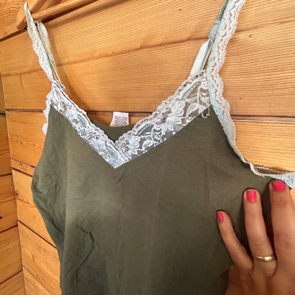 Vintage Cotton Olive Green Camisole Womens Small Lace Beaded Tank Top Jessica - Picture 4 of 8